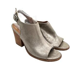 Trask Silngback Heels Parker Gray Silver Metallic Suede Sandals 3.5 heel SZ 8.5